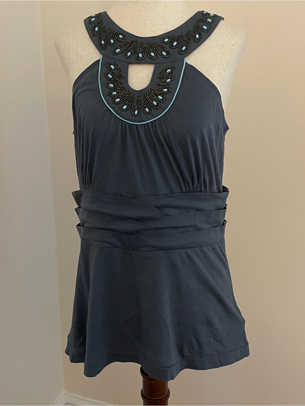 Anthropologie Deletta Beaded Cotton Halter Tank Top Blue Embellished Medium Boho